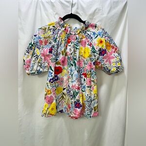 THML White Floral Smocked Neck Puff Sleeve Blouse
